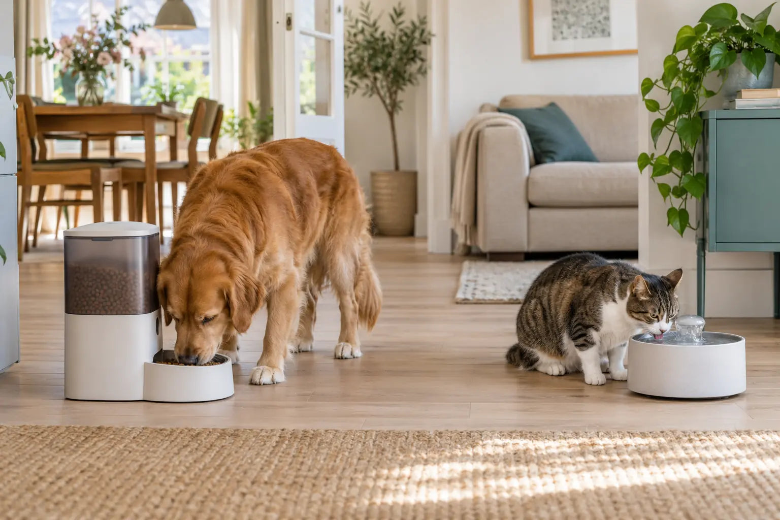 Hond eet uit een automatische voerbak terwijl een kat uit een aparte drinkfontein drinkt