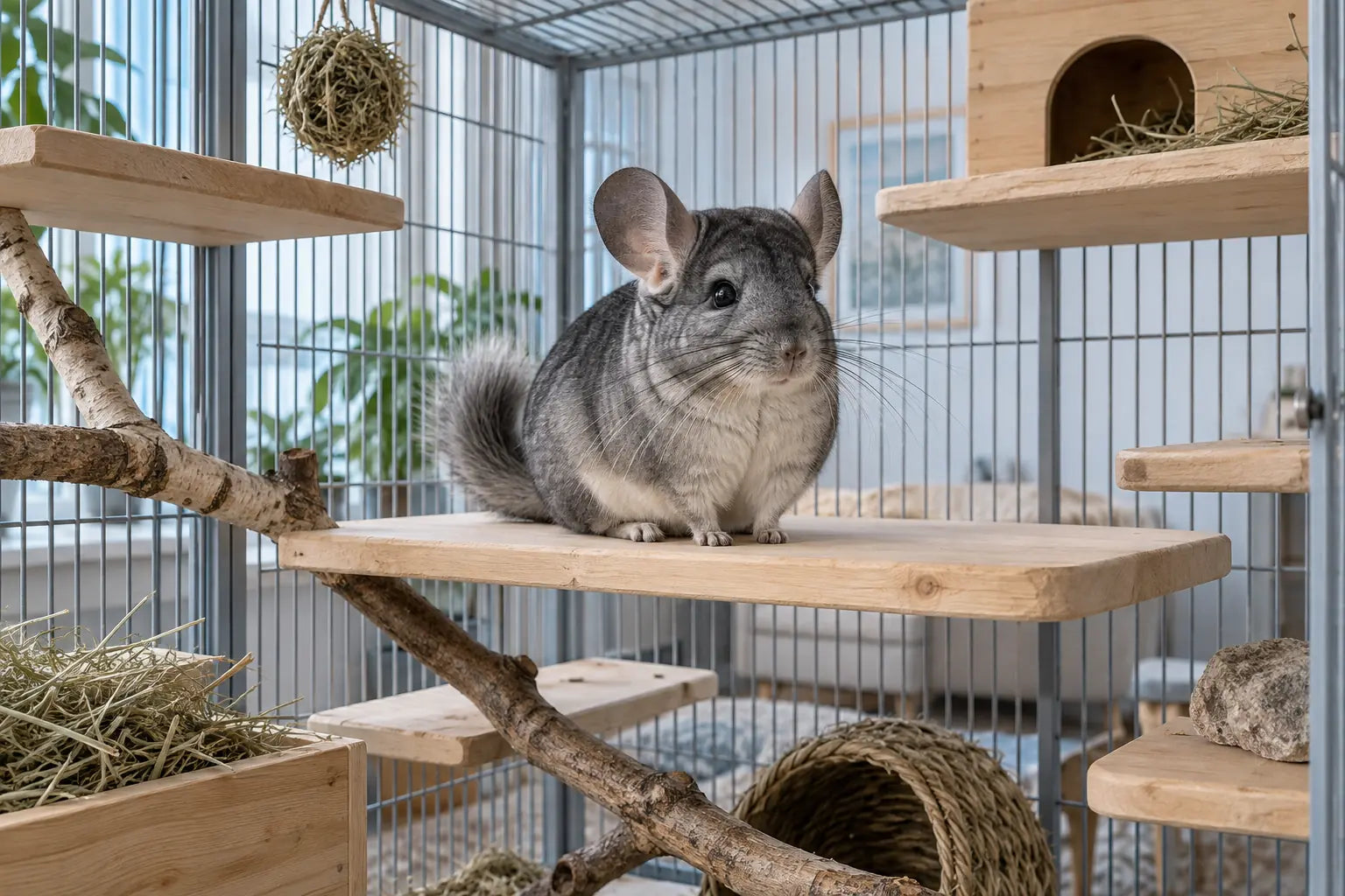 Gezonde chinchilla zit op een houten plateau in een ruim en hoog verblijf