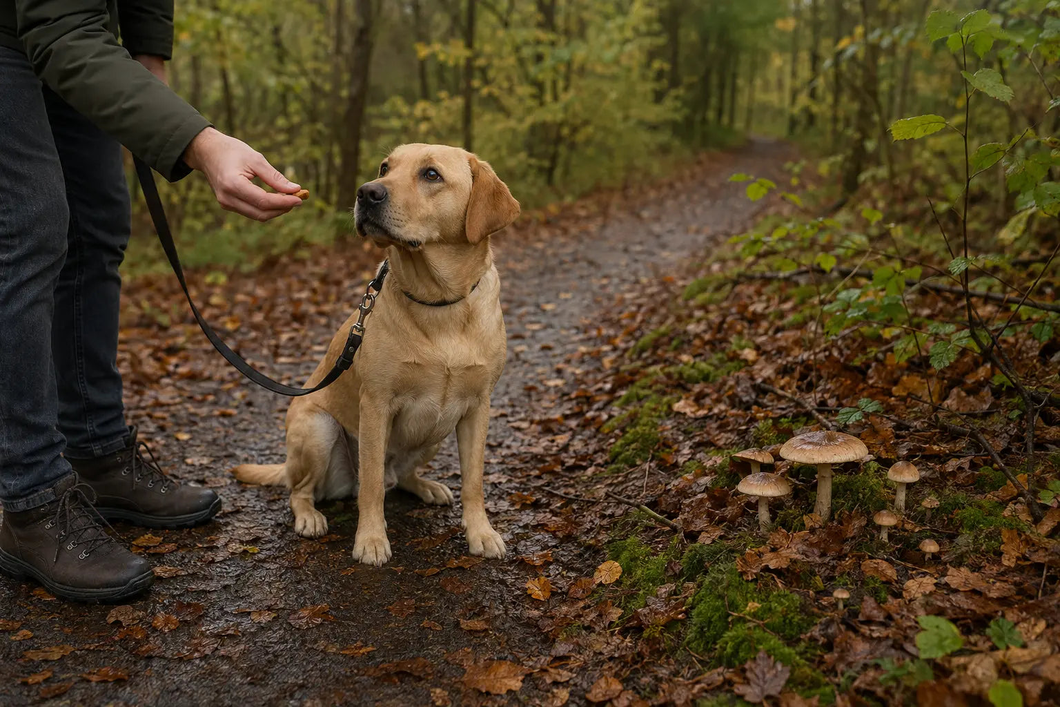 Hond wendt zich tijdens een herfstwandeling af van paddenstoelen langs het pad