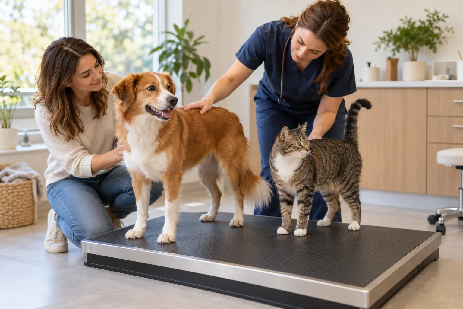 Hond en kat krijgen samen een rustige gewichtscontrole bij de dierenarts
