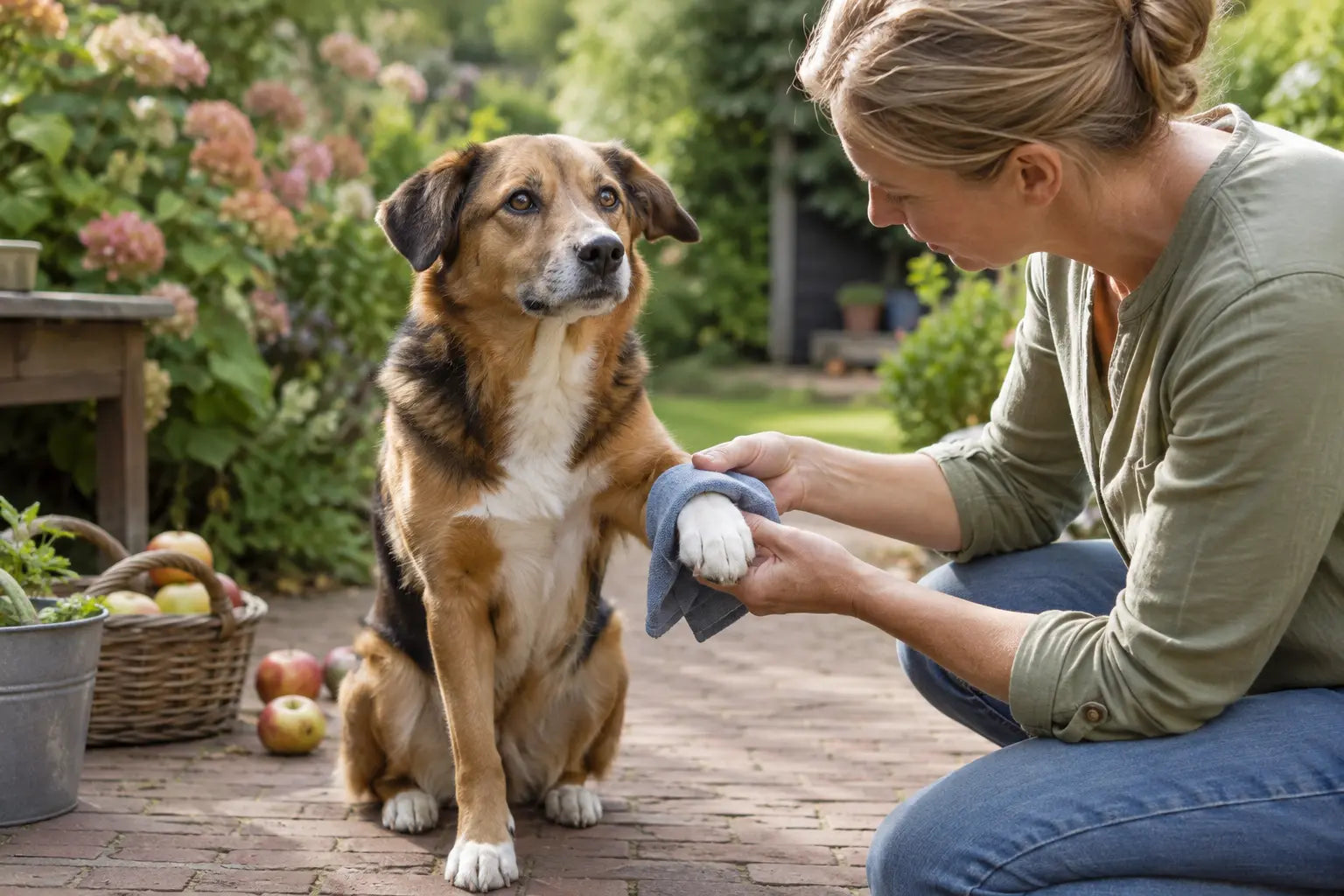 Hond krijgt een koud, nat doekje rond zijn poot na een insectensteek