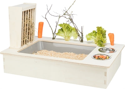 Station d'alimentation Trixie avec gamelle pour nourriture, gamelle pour eau et râtelier à foin en bois naturel